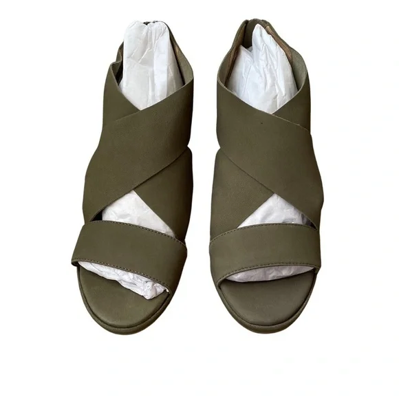 Eileen Fisher Olive Tumbled Nubuck Marla Block Heel Sandal Size 8 New With Box